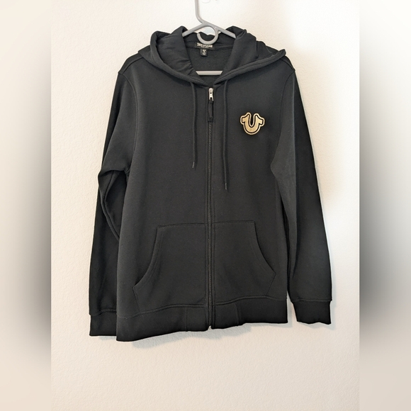 True Religion Black Buddha Foil Graphic Full Zip Fleece Drawstring Hoodie LG - Picture 3 of 7